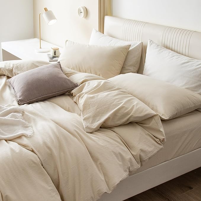 JIYUAN 100% Washed Cotton Duvet Cover Set 3 Pieces Super Queen, 1 Duvet Cover 90x98 Inches(Comforter Not Included) and 2 Pillowcases,Linen Feel Bedding Set Comfy and Breathable,Heathered Beige