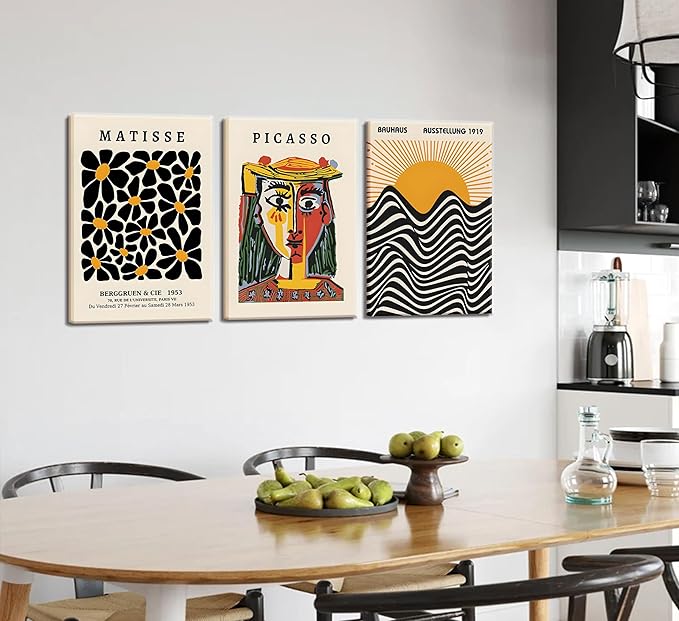 3 Pack Framed Gallery Wall Art Picasso Matisse Bauhaus Set Canvas Prints Abstract Paintings Posters Orange Black Modern Minimalist Wall Decor Pictures Suitable for Bedroom Living Room Decor (Framed,