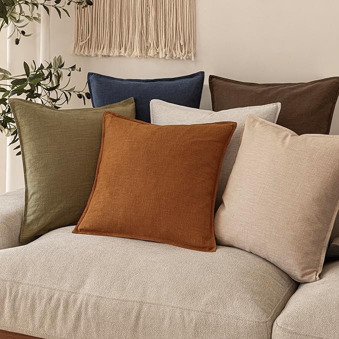 Foindtower Set of 2, Decorative Linen Soild Throw Pillow Covers Soft Accent Cushion Euro Case Boho Farmhouse Pillowcase for Chair Couch Sofa Bedroom Living Room Home Decor 24 x 24 Inch Autumn Orange