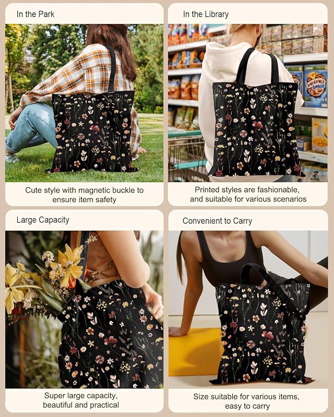 Canvas Tote Bag for Women – Aesthetic Canvas Bag with Zipper Cute Stylish Reusable Shoulder Totes for Shopping Work Daily Vacation, Black Grow Flower