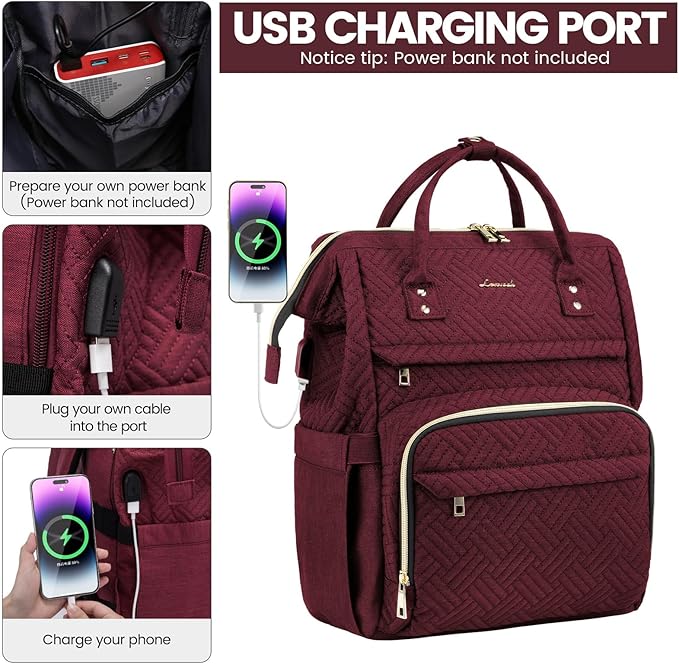LOVEVOOK Laptop Backpack for Women,15.6 Inch Professional Womens Travel Backpack Purse Computer Laptop Bag Nurse Teacher Backpack,Waterproof Work Bags Carry on Back Pack with USB Port,Wine Red Plait