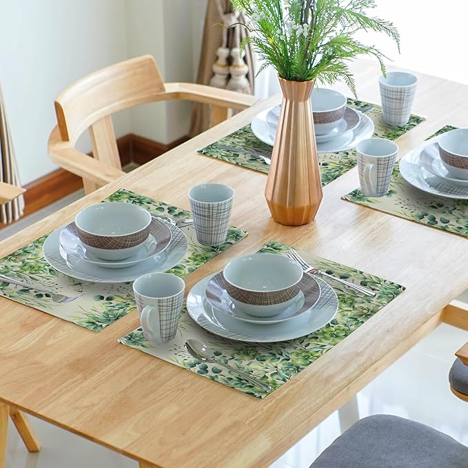 Giwawa 4PCs Spring Summer Leaf Placemats 12x18 Inch Sage Green Eucalyptus Leaves Butterflies Linen Washable Place Mat Stain Resistant Table Mats for Kitchen Dining Seasonal Decor