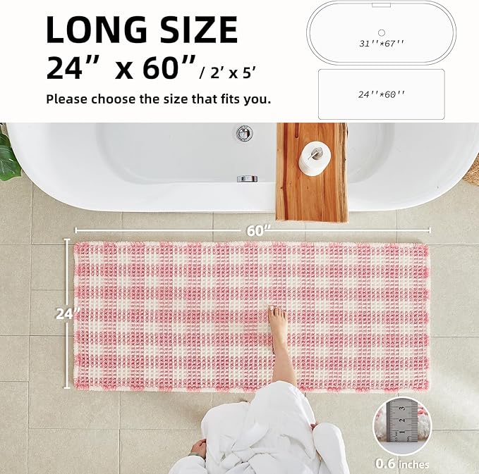 Waffle Runner Rug Bathroom, Long Boho Bathroom Rugs Non Slip Washable Absorbent Checkered Bathroom Mat Quick Dry Cute Bath Mat, 60"x24" Pink and White