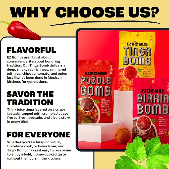 EZ Bombs Tinga Bomb Seasoning, Pack of 2 - Authentic Mexican Seasoning for Smoky Chipotle Tinga Sauce, Tacos, Tostadas, Tortas and More - Bold, Spicy & Tangy Flavor Quick and Flavorful Meals
