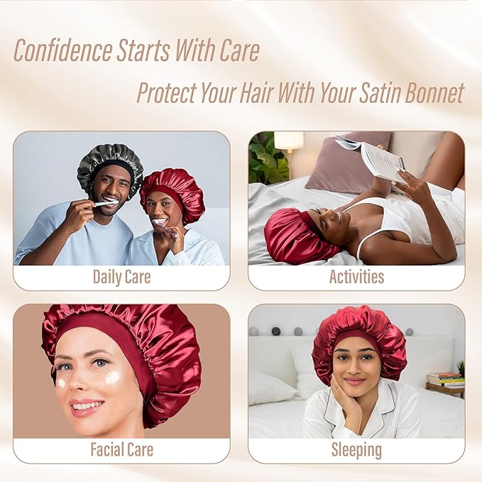 Satin Bonnet Adjustable Sleeping Silk Bonnet Black Women Men Double Layer Satin Silk Sleep Cap Hair Wrap Large Curly Hair