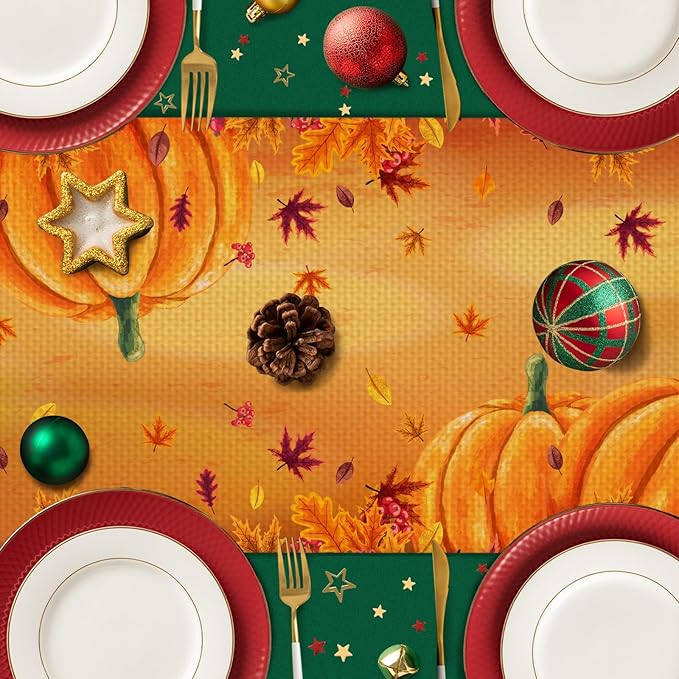 Orange Grey Abstract Art Painting Burlap Table Runner Seasonal Spring Fall Kitchen Dining Linen Table Decoration for Indoor Outdoor Home Party Dinner 13x72 Inch (Thanksgiving Pumpkin)