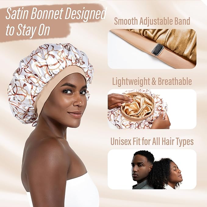 Satin Bonnet Adjustable Sleeping Silk Bonnet Black Women Men Double Layer Satin Silk Sleep Cap Hair Wrap Large Curly Hair