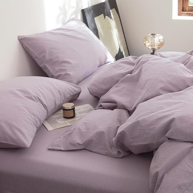 FOSSA Duvet Cover Set 100% Washed Cotton Linen Feel Super Soft Breathable Cozy 3 Pieces Bedding Sets Solid Light Purple Queen
