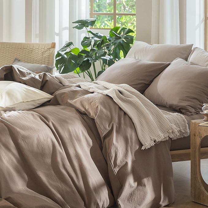 MooMee Bedding Duvet Cover Set 100% Washed Cotton Linen Like Textured Breathable Durable Soft Comfy (Solid Brown, Super King Plus 120"x120")