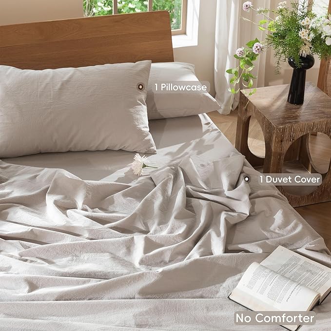 MooMee Bedding Duvet Cover Set 100% Washed Cotton Linen Like Textured Breathable Durable Soft Comfy (Solid Light Tan, Twin 68"x90")