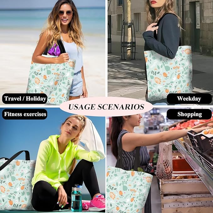Canvas Tote Bag for Women，Cute Heavy-Duty Shoulder Bag with Zipper Pocket -Travel Tote for Grocery, Gym,Shopping