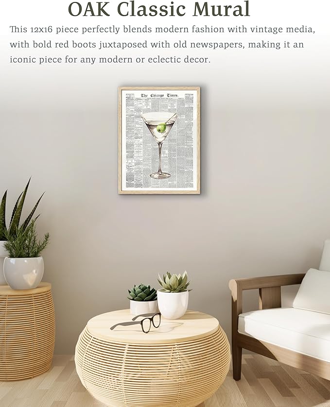 EcoHest UnFramed Trendy Newspaper Martini Wall Art, 12x16 in OAK Wood Retro Bar Cart Canvas Art, Magazine Aesthetic Apartment Art, Beige Logs Funky 70's Set of 1 for Bedroom Living Room