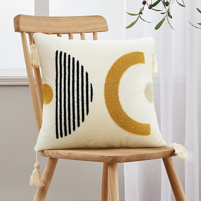 Merrycolor Boho Throw Pillow Covers with Tassels 18x18 Yellow Mid Century Modern Throw Pillows Geometric Decorative Abstract Pillow Cases Textured Boho Accent Pillows for Bed Couch Living Room,1PC