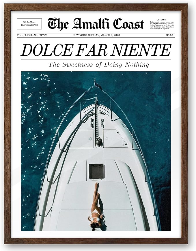 EcoHest Trendy Newspaper Dolce Far Niente Framed Wall Art, 12x16 in Walnut Color OAK Wood La Dolce Vita Canvas Art, Magazine Italian Summer Headline Print Decor, Set of 1 for Bedroom Living Room