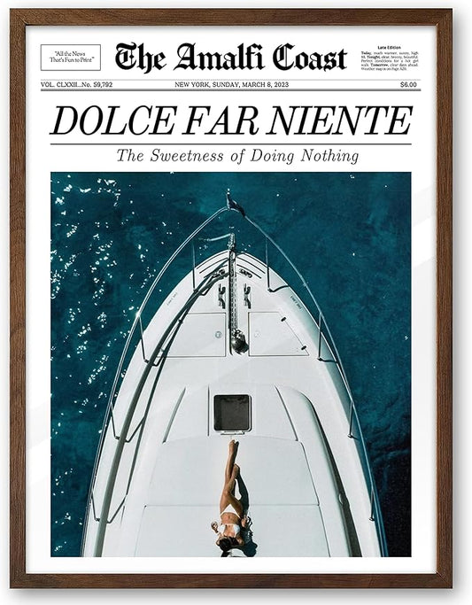EcoHest Trendy Newspaper Dolce Far Niente Framed Wall Art, 12x16 in Walnut Color OAK Wood La Dolce Vita Canvas Art, Magazine Italian Summer Headline Print Decor, Set of 1 for Bedroom Living Room