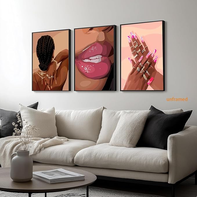 Black Girl Pink Wall Art Set of 3 African American Black Women Canvas Posters Fashion Black Girl Wall Decor Pictures Prints for Home Living Room Bedroom Bathroom Decoration 16x24 Inch Unframed