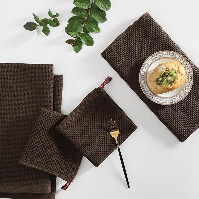 Homaxy 100% Cotton Kitchen Towels and Dishcloths Set, 12 x 12 Inches and 13 x 28 Inches, Set of 10 Bulk Kitchen Towels Set, Ultra Soft Absorbent Dish Cloths for Washing Dishes, Dark Brown