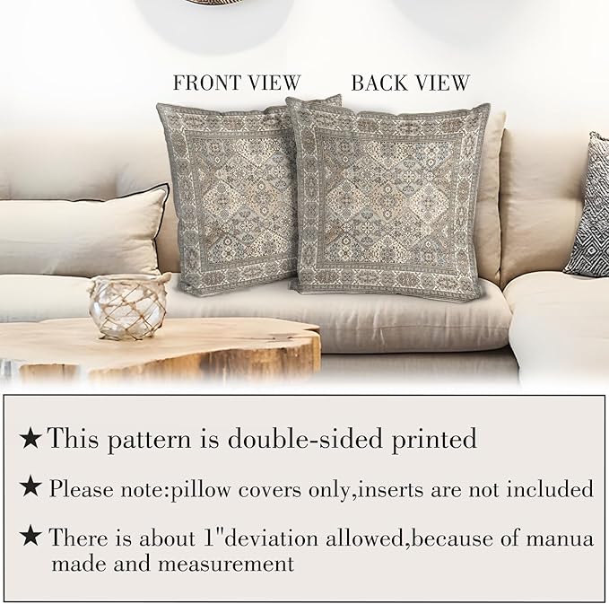 Boho Floral Throw Pillow Covers 18x18 inch Set of 2,Grey Boho Rug Geometric Floral Pattern Decor Double Sided Pattern Cushion Cover Soft Pillow Case Living Sofa Room Bed Square Pillow Cover