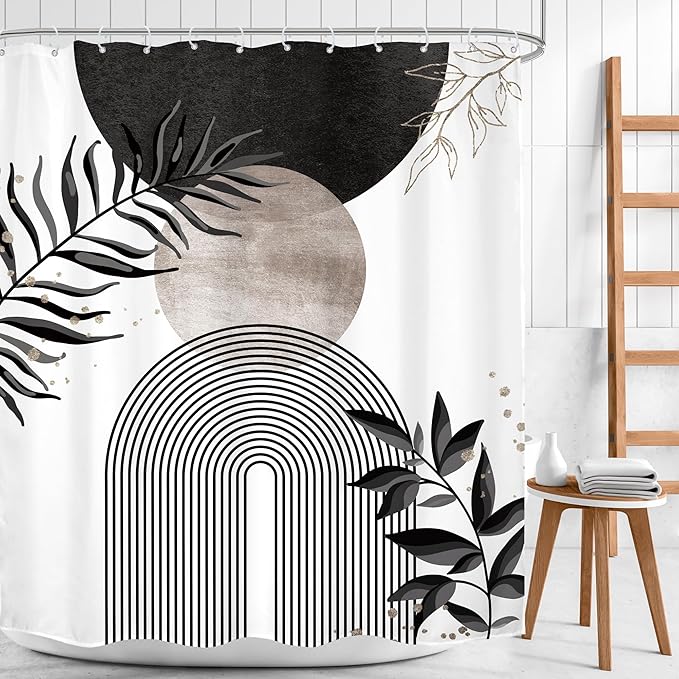 Black Grey Boho Shower Curtain 60Wx72H Bohemian Mid Century Modern Abstract Gray Gold Leaves Plant Minimalist Geometric Bathroom Decor Arch Neutral Bath Curtain Fabric Polyester 12 Pack Hooks