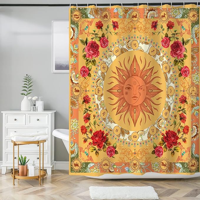 Bohemian Bathroom Curtain Colorful Boho Floral Print Beautiful Bright Polyester Fabric Cloth Shower Curtain for Bathroom Decoration, 72"x72"