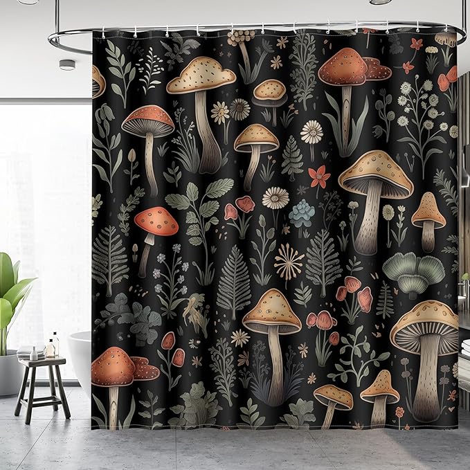 Aimego Mushroom Boho Shower Curtains - Vintage Floral Plants Retro Flowers Bohemian Fairy Nature Botanical Bath Shower Curtain Set with 12 Hooks for Adults Bathroom Decor Accessories, 72"x72" Black