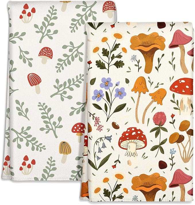 Microfiber Kitchen Towels - Set of 2 Dish Towels for Kitchen 18 x 26 Inch Home Decoration Mushroom Leaf Cute Spring Hand Towels Soft & Absorbent Aesthetic Design