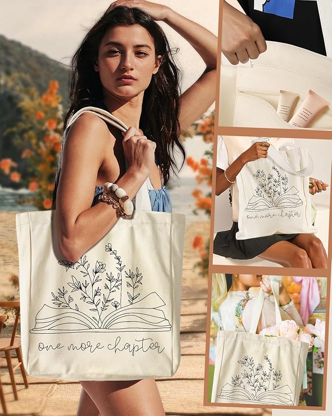 Aesthetic Heavy Canvas Tote Bag with Pocket for Women, Cloth Gusseted Totes Bag with Pattern for Shopping