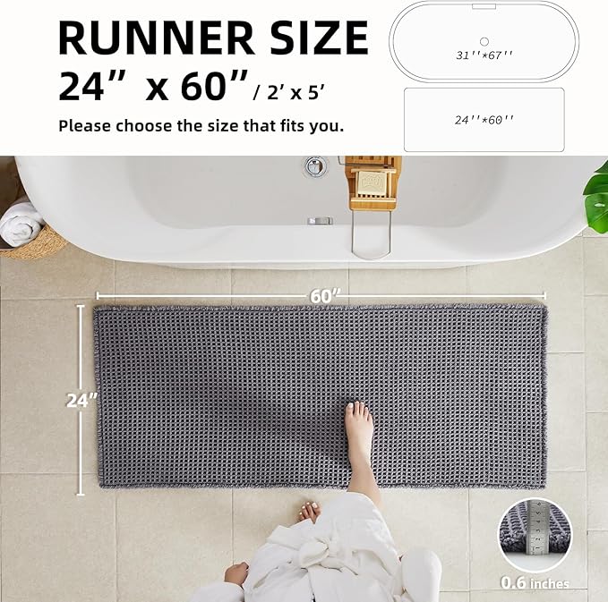 Waffle Runner Rug Bathroom, Long Boho Bathroom Rugs Non Slip Washable Super Absorbent Quick Dry Farmhouse Bath Decor, 60"x24" Grey