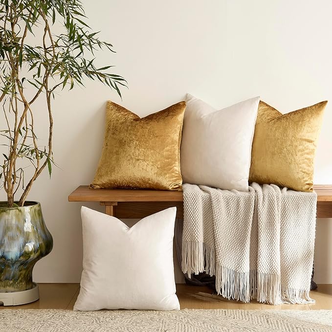 GIGIZAZA Velvet Pillow Covers 16x16,Ivory Gold Soft Throw Pillow Covers Set of 4 Square Decorative Modern Pillows Covers for Living Room