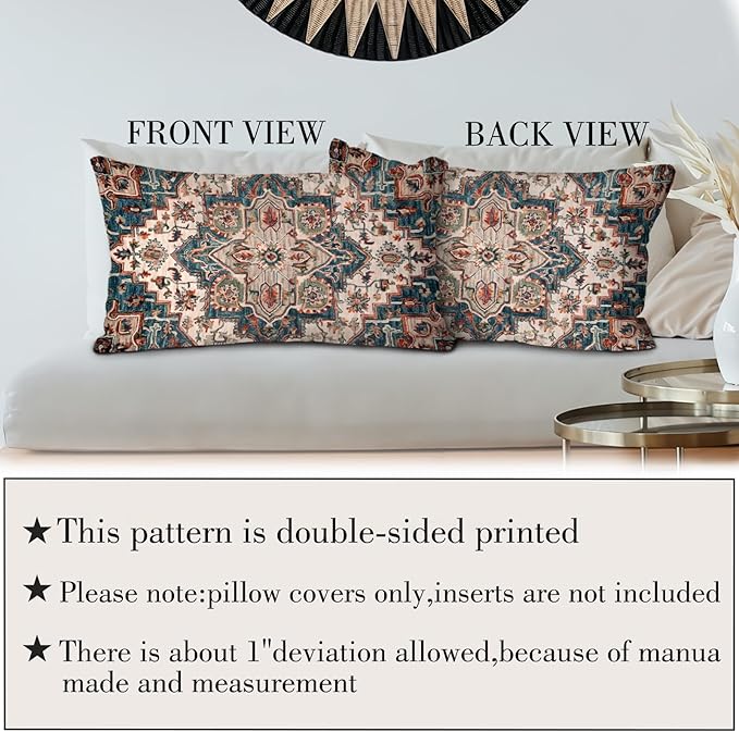 Boho Throw Pillow Covers 12x20 inch Set of 2,Boho Vintage Carpet Pattern Antique Ethnic Decor Double Sided Pattern Cushion Cover Soft Pillow Case Living Sofa Room Bed Square Pillow Cover