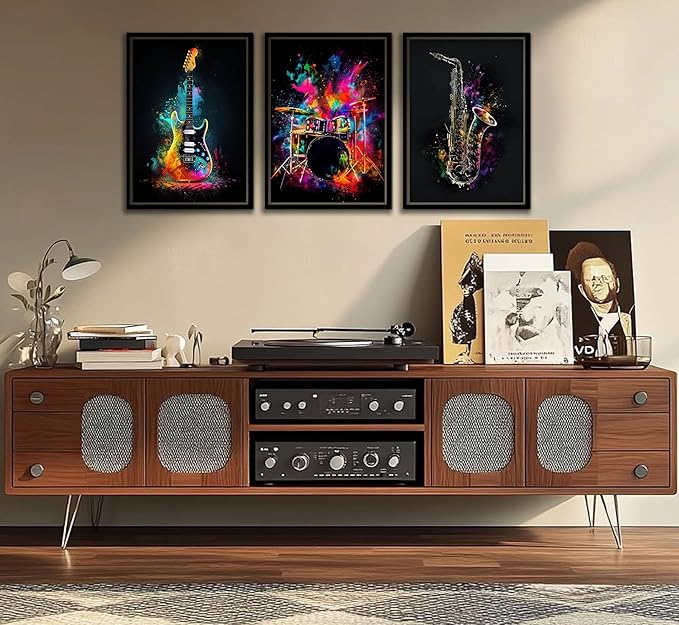 3pcs Musical Instrument Graffiti Canvas Wall Art Pop Music Instrument Style Posters Prints Rock Electric Guitar Jazz Drum Wall Decor Pictures for Living Room Bedroom Home Decoration Unframed