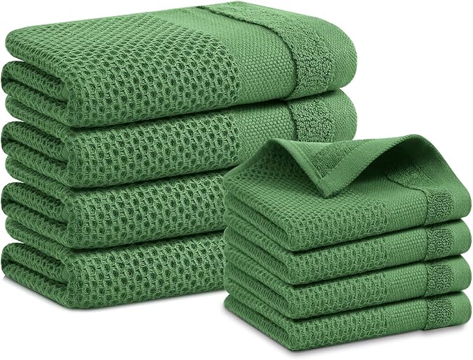 Homaxy Kitchen Towels and Dishcloths Set, 12 x 12 and 13 x 28 Inches, Set of 8 100% Cotton Waffle Weave Kitchen Towels, Super Soft and Absorbent Dish Cloths, Grass Green