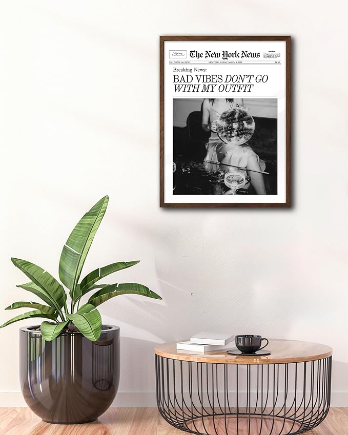 EcoHest Trendy Newspaper Magazine Framed Wall Art, 12x16 in Walnut Color OAK Wood Bad Vibes Don't Go With My Outfit Disco Bar Canvas Wall Art, Preppy Retro Decor For Bedroom Living Room 1Pack