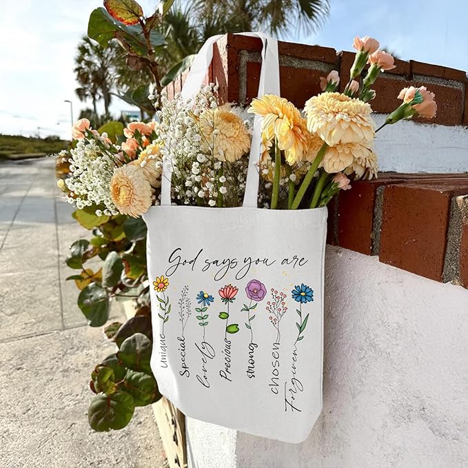 2 Pack Christian Bible Canvas Tote Bag for Women with Makeup Bag Gods Says You Are Bags Floral Tote Bag Aesthetic