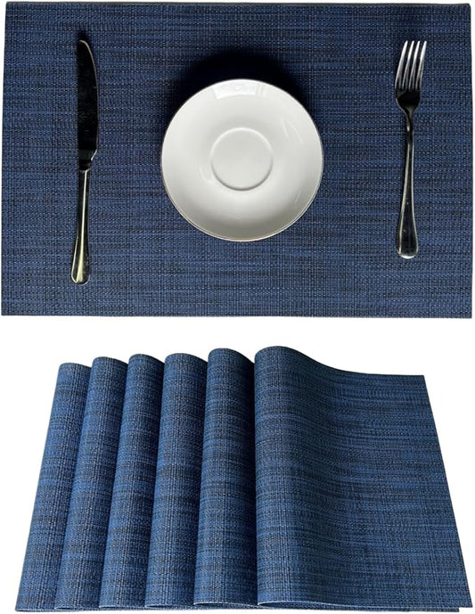 WAZAIGUR Placemats Set of 6 for Dining Table Heat-Resistant Washable Place Mats Woven Vinyl Kitchen Table Mats Easy to Clean,Navy Blue