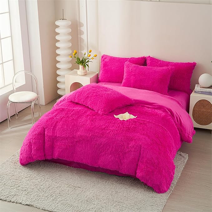 MorroMorn 5 PCS Plush Shaggy Duvet Cover Sets, Luxury Shag Fluffy Comforter Cover Fuzzy Bedding Set - Long Faux Fur Ultra Soft Cozy (Hot Pink, Full/Queen)