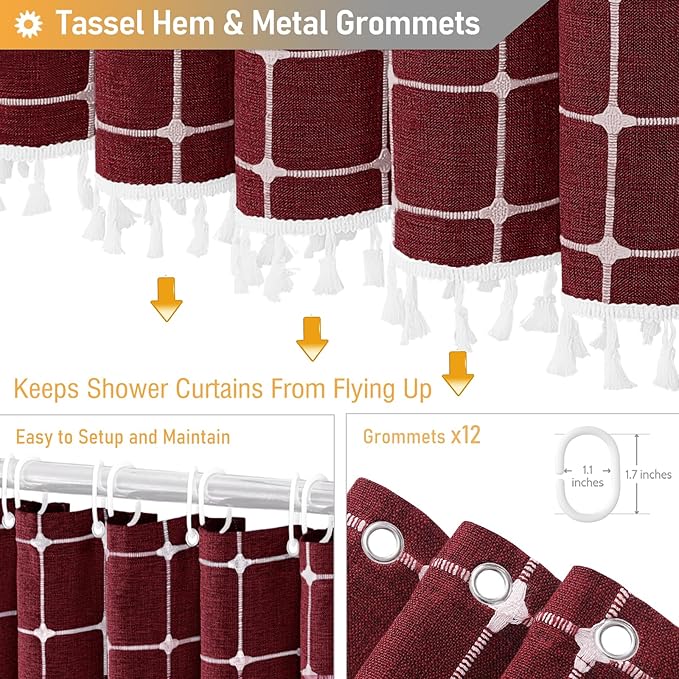 BTTN 78 Inch Long Shower Curtain - Boho Farmhouse Linen Ultra Thick Fabric Shower Curtain Set with Plastic Hooks, Tall Rustic Country Weighted Cloth Shower Curtains for Bathroom - Burgundy - 72x78