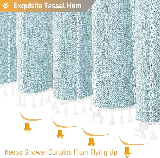 BTTN Boho Farmhouse Shower Curtain, Linen Rustic Weighted Striped Fabric Shower Curtain with Tassel, Water Repellent, Modern Bohemian Vintage Cloth Shower Curtains for Bathroom, Fog Blue, 72x72