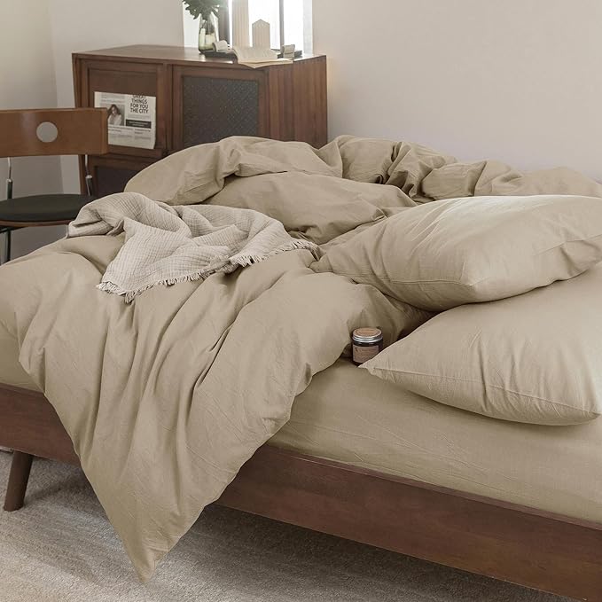 FOSSA Duvet Cover Set 100% Washed Cotton Linen Feel Super Soft Breathable Cozy 3 Pieces Bedding Sets Solid Light Khaki Queen