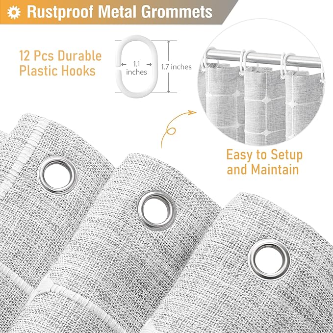 BTTN 78 Inch Long Shower Curtain - Boho Farmhouse Linen Ultra Thick Fabric Shower Curtain Set with Plastic Hooks, Tall Rustic Country Luxury Cloth Shower Curtains for Bathroom Decor, Gray/Grey, 72x78