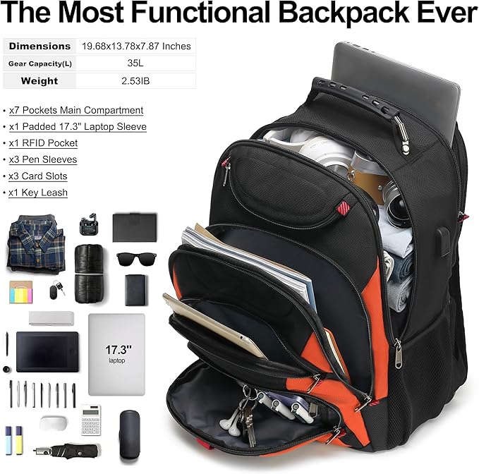 Boavan Laptop Backpack for men, 17.3 inch Laptop Bag with USB Port, Waterproof Travel Work Backpack Purse, Anti-Theft Teacher Nurse Doctor Casual Bookbags Office Business backpack，Black&Orange