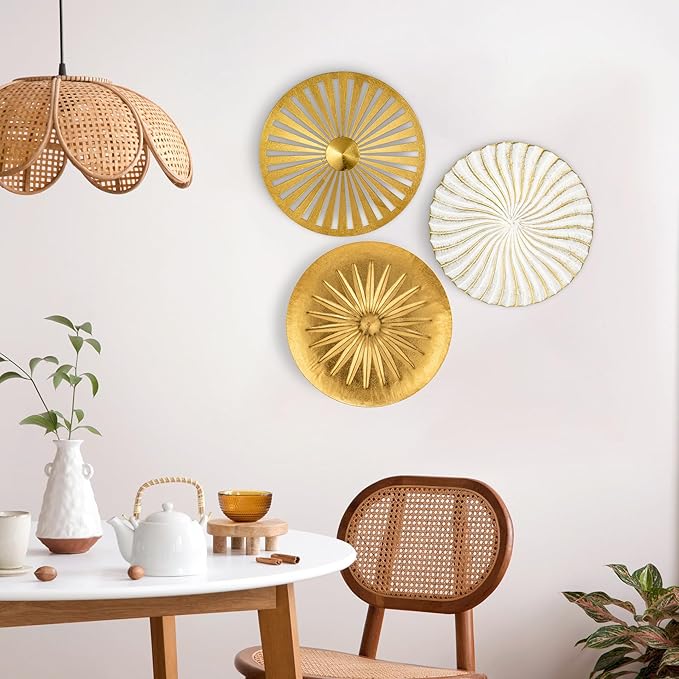 Briful 12" Wall Décor Pack of 3 Metal Gold & White Washed Starbursts Radial Plate Wall Art Modern Accent Hanging Wall Decorations For Home Office Bedroom Or Living Room Wall Sculptures