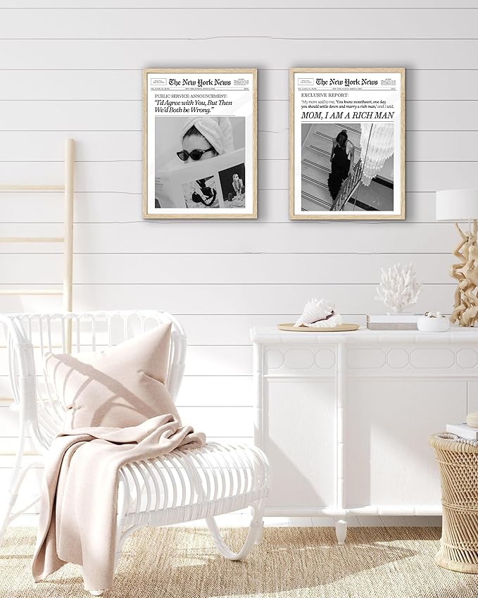 EcoHest Trendy Newspaper Framed Wall Art, 12x16 in OAK Wood Cool Girl Canvas Art, Magazine Bar Cart Print College Dorm Decor, Beige Logs Set of 1 for Bedroom Living Room