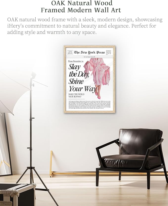 iHery Natural OAK Wood Retro Vintage Pink News Framed Wall Art, 12x16 in Slay the Day Shine Your Way Canvas Wall Decor, Modern Trendy Newspaper Bedroom Decor, Set of 1 For Bathroom Living Room