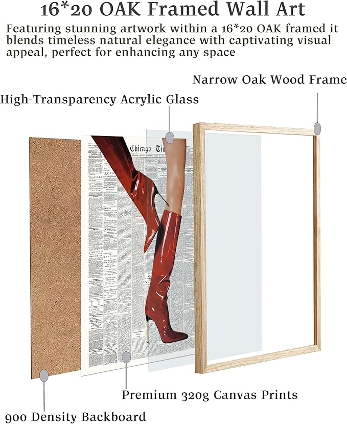 EcoHest Trendy Newspaper Red Boots Framed Wall Art, 16x20 in Large OAK Wood Fashion Icon Canvas Wall Art, Magazine Home Decor, Beige Logs Retro Set of 1 for Bedroom Living Room