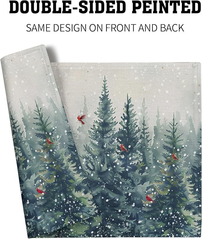 Giwawa Winter Pine Trees Placemats Set of 4 Watercolor Christmas Forest Red Birds Linen Table Mat 12"x18" Xmas Snowy Tree Decorative Seasonal Washable Place Mats for Kitchen Dining Holiday