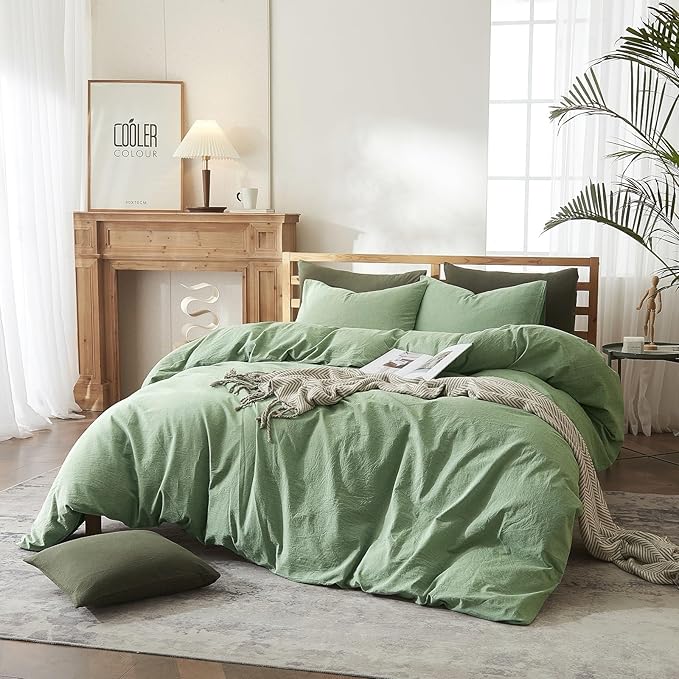 AMWAN Modern Style Sage Green Duvet Cover Queen Size 100% Washed Cotton Light Green Bedding Sets Hotel Quality Solid Color Comforter Cover 1 Queen Duvet Cover with 2 Pillowcases