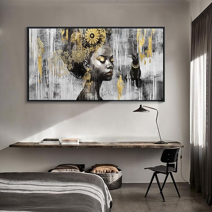 KLAKLA Black and Gold Wall Art - African American Black Girl Wall Art Colorful Black African Woman Canvas Picture Framed Wall Decor for Living Room Bedroom Home Decoration
