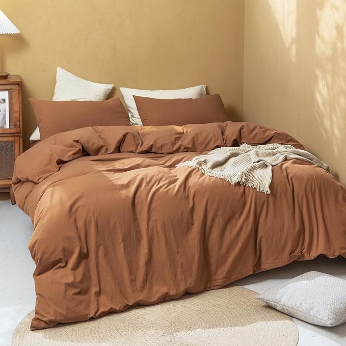 FOSSA Duvet Cover Set 100% Washed Cotton Linen Feel Super Soft Breathable Cozy 3 Pieces Bedding Sets Solid Dark Orange Oversized King Plus