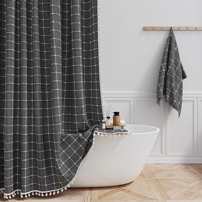 BTTN 78 Inch Long Shower Curtain - Gray Boho Farmhouse Linen Ultra Thick Fabric Shower Curtain Set with Hooks, Tall Rustic Country Weighted Cloth Shower Curtains for Bathroom - Charcoal Grey - 72x78